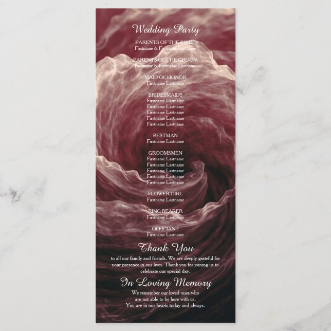 Romantic Red Rose Burgundy Wedding Program (Baksida)