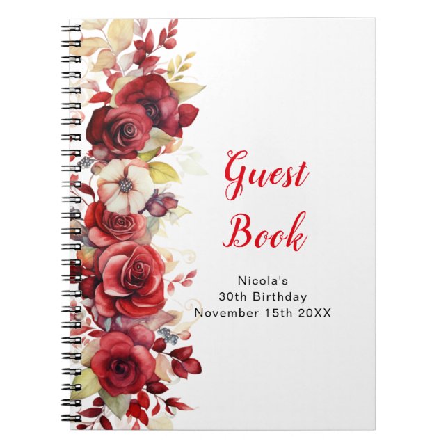 Romantic Red Rose Floral Birthday Party Guest Book Anteckningsbok (Framsidan)