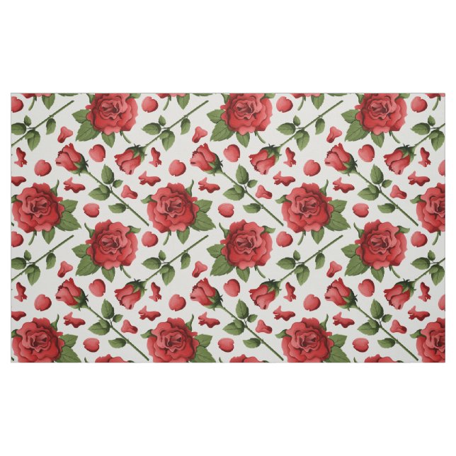 Romantic Red Rose Foliage Botanical Garden Bloom Tyg (Fat Quarter)