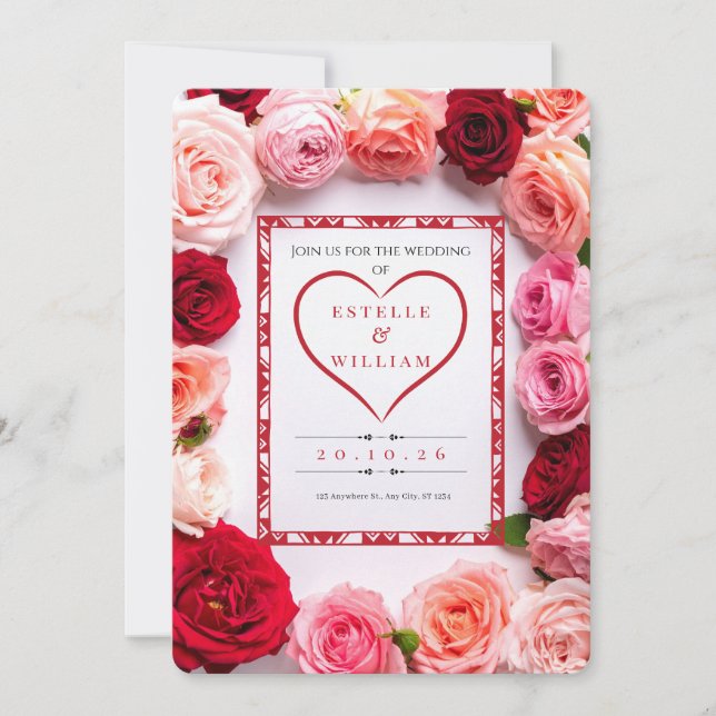 Romantic Red Rose Heart Border Wedding Invitation Inbjudningar (Framsida)