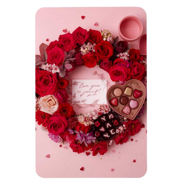 Romantic Red Rose Personalized Valentine Heart Magnet (Vertikal)