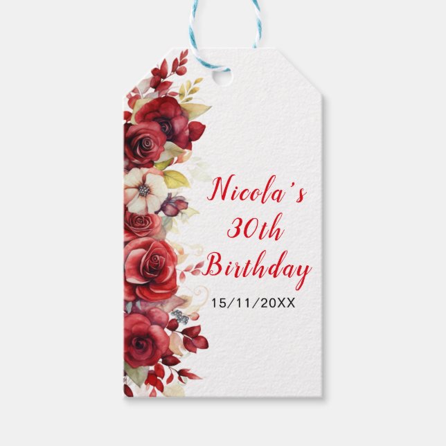 Romantic Red Roses Floral Birthday Party Presentetikett (Framsidan)