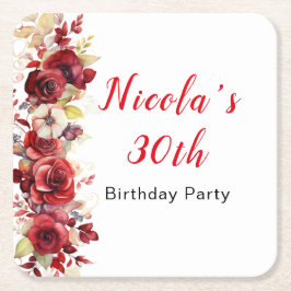 Romantic Red Roses Floral Birthday Party Underlägg Papper Kvadrat