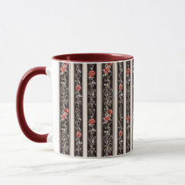 Romantic Red Roses Floral Cream Black Stripes Mugg