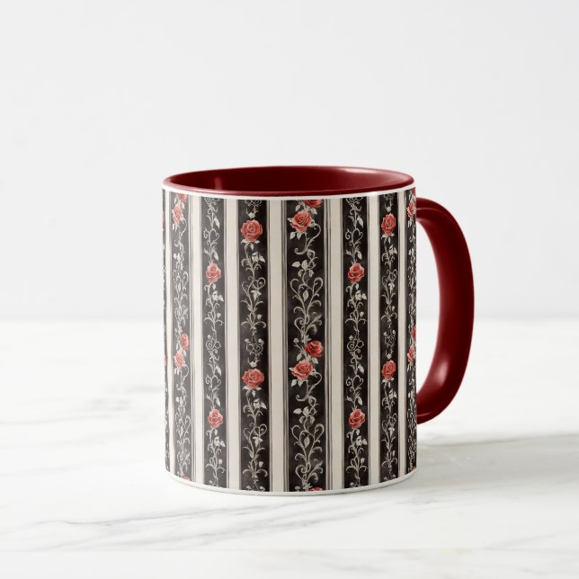 Romantic Red Roses Floral Cream Black Stripes Mugg (Framsida höger)