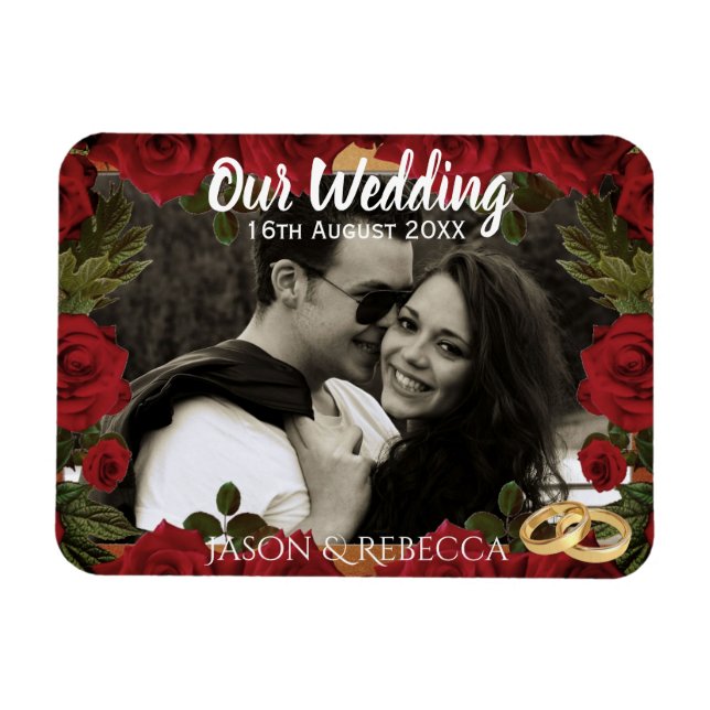 Romantic Red Roses Wedding Day Keepsake Photo Magnet (Horisontell)