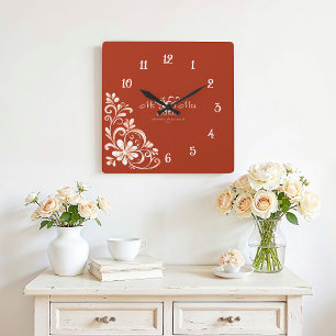 Romantic Red Rust Mr & Mrs Bröllop Wall Clock Fyrkantig Klocka