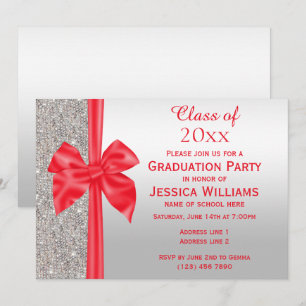 Romantic Red Silke Bow, Silver Sequins Studenten Inbjudningar