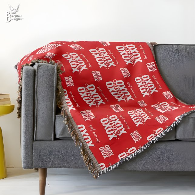 Romantic Red XOXO Love Never Fails Valentines Filt (Couples XOXO Valentine woven blanket with customizable Scripture. Ideal gift for romantics.)