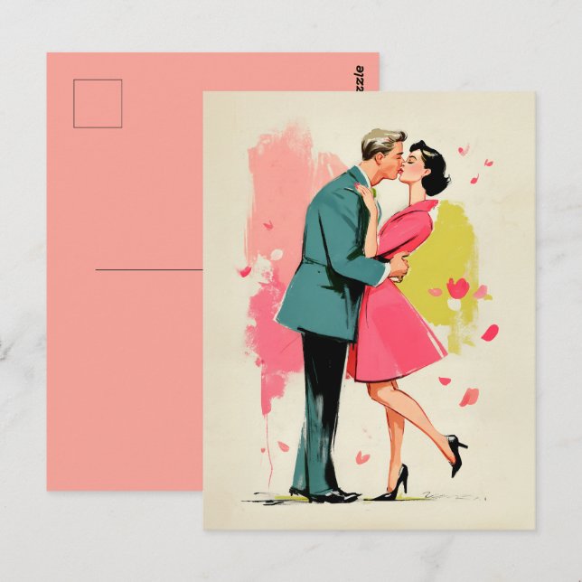 Romantic Retro Couple Kiss Vykort (Fram/baksida)