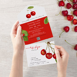 Romantic Retro Red White Cherry Fruits QR Bröllop