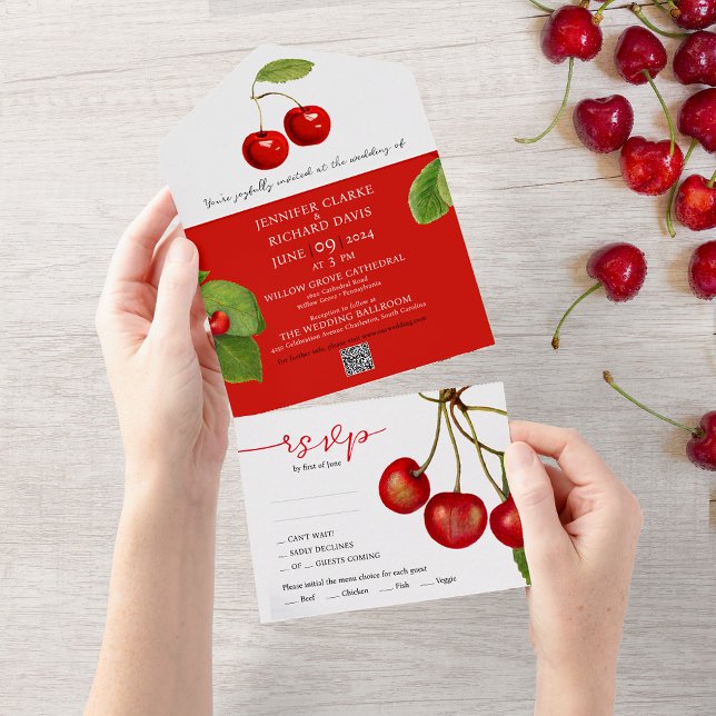 Romantic Retro Red White Cherry Fruits QR Bröllop (Skapare uppladdad)