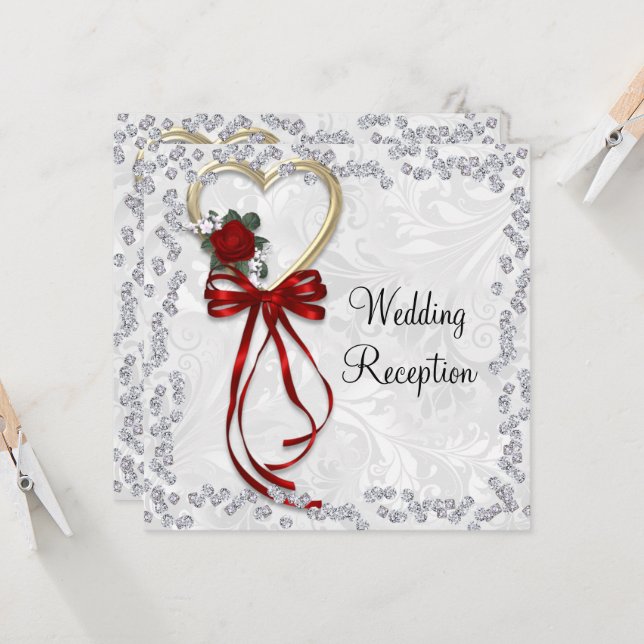 Romantic Ro, Diamonds & Red Ribbon Bröllop Invit Inbjudningar (Fram/Back In Situ)