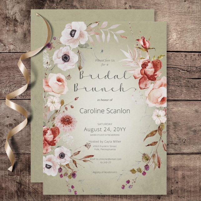 Romantic Ro Grönt Blommigt Möhippa Brunch Inbjudningar (Romantic Rose Green Floral Bridal Brunch Invitation)