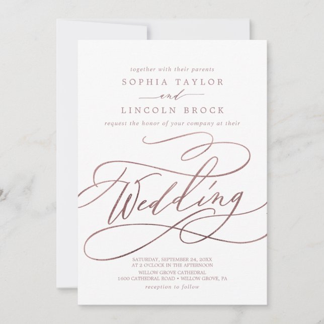 Romantic Ro Guld Calligraphy | Bröllop, blommande Inbjudningar (Framsida)