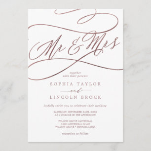 Romantic Ro Guld Calligraphy, Mr & Mrs Bröllop Inbjudningar