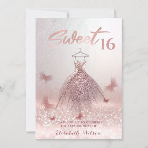 Romantic Ro guld glittery dress butterfly Invita Inbjudningar