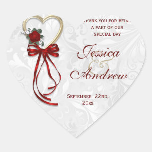 Romantic Ro, Guld Heart & Red Ribbon Hjärtformat Klistermärke