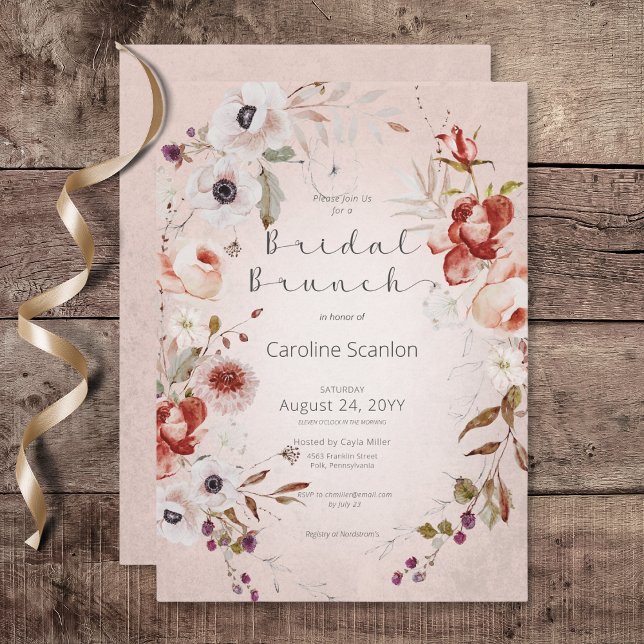 Romantic Ro Rosa Blommigt Möhippa Brunch Inbjudningar (Romantic Rose Pink Floral Bridal Brunch Invitation)