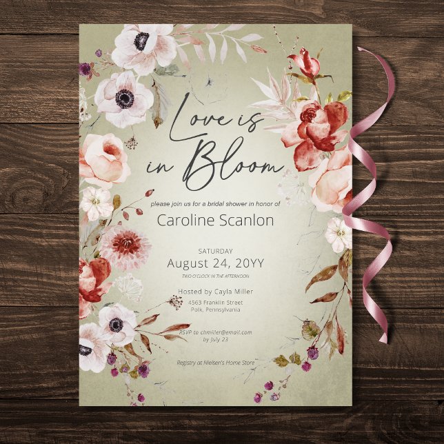 Romantic Ro Sage Blommigt Kärlek i blodomläggare Inbjudningar (Romantic Rose Sage Floral Love In Bloom Shower Invitation)