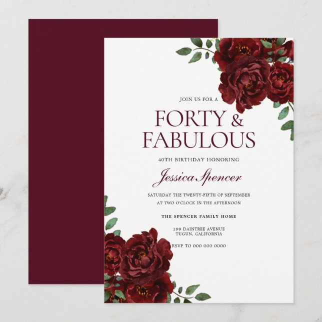 Romantic Röd ros 40 & Fabulous 40:e födelsedagen Inbjudningar (Fram/baksida)