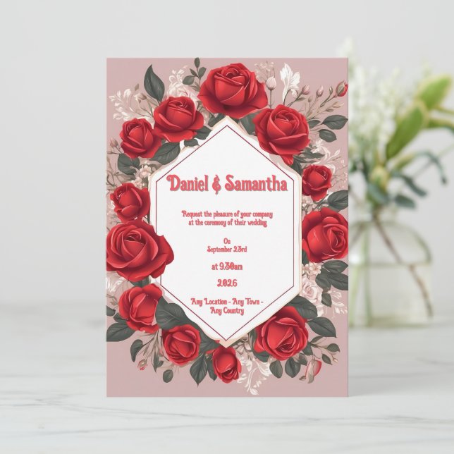 Romantic Röd ros bröllopsinbjudningar Inbjudningar (Stående Fram)