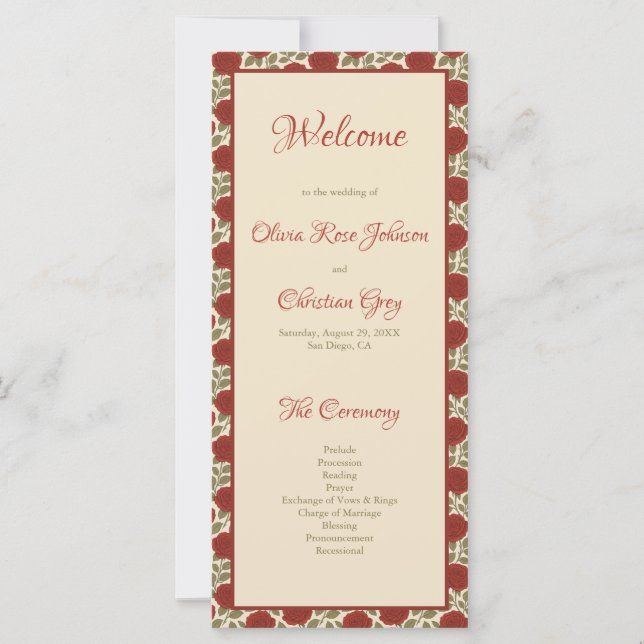 Romantic Röd ros Bröllopsprogram (Framsida)