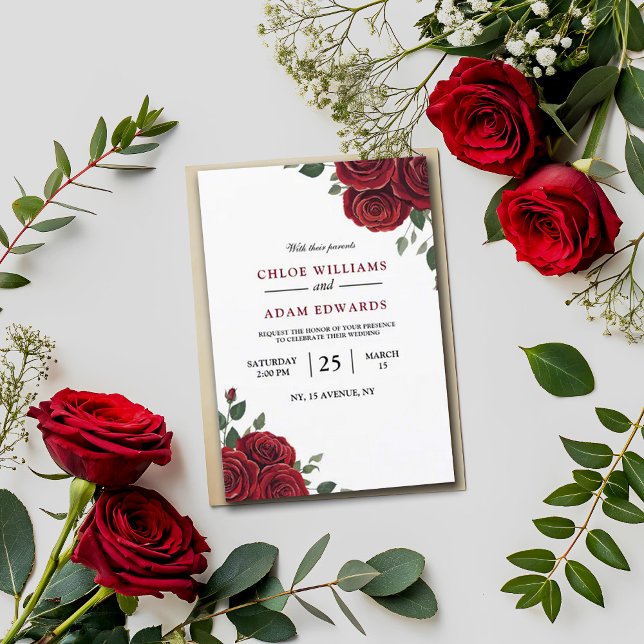 Romantic Röd ros Burgundy Elegance Bröllop Inbjudningar (Skapare uppladdad)