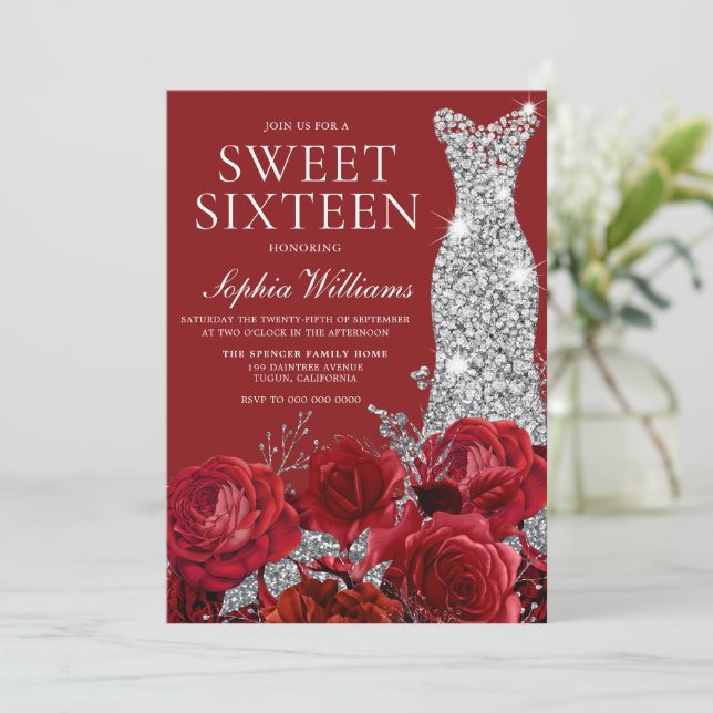 Romantic Röd ros Silver Diamond Gown Sweet 16 Inbjudningar (Stående Fram)