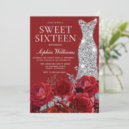 Romantic Röd ros Silver Diamond Gown Sweet 16 Inbjudningar