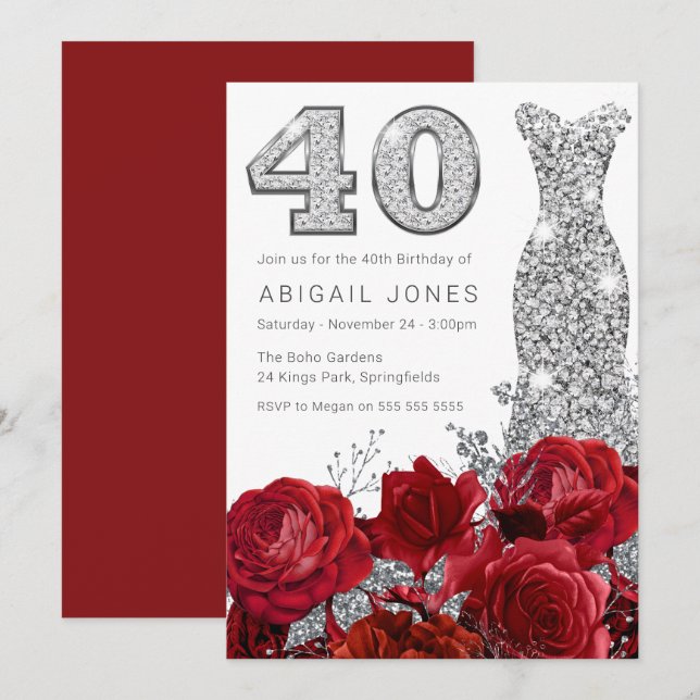 Romantic Röd ros Silver Dress 40:e födelsedagen Inbjudningar (Fram/baksida)