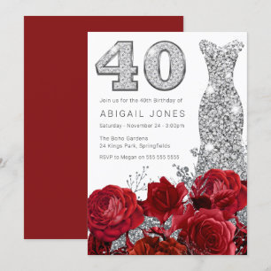 Romantic Röd ros Silver Dress 40:e födelsedagen Inbjudningar