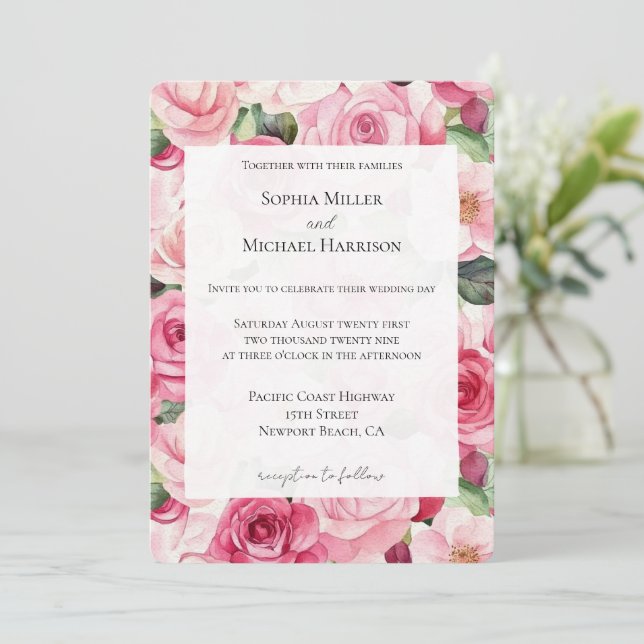 Romantic Rosa ros Blommigt Bröllop Inbjudningar (Stående Fram)