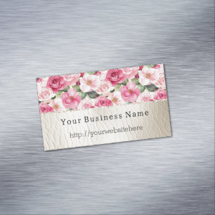 Romantic Rosa ros Blommigt Cream Faux Leather Magnetiska Visitkort