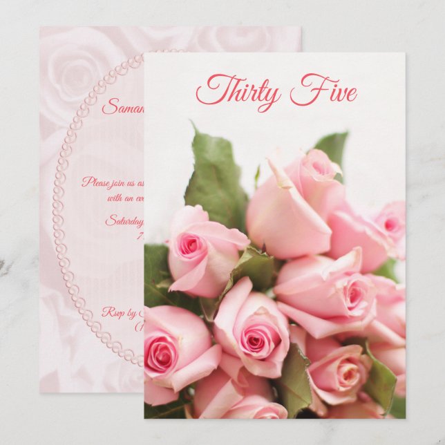Romantic Rosa ros Bouquet 35e Birthday Inbjudningar (Fram/baksida)