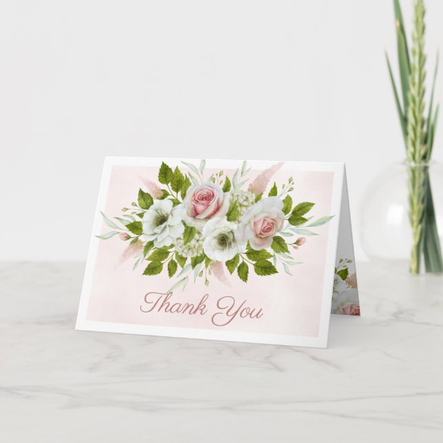 Romantic Rosa ros Bouquet Watercolor Tack Kort (Framsida)