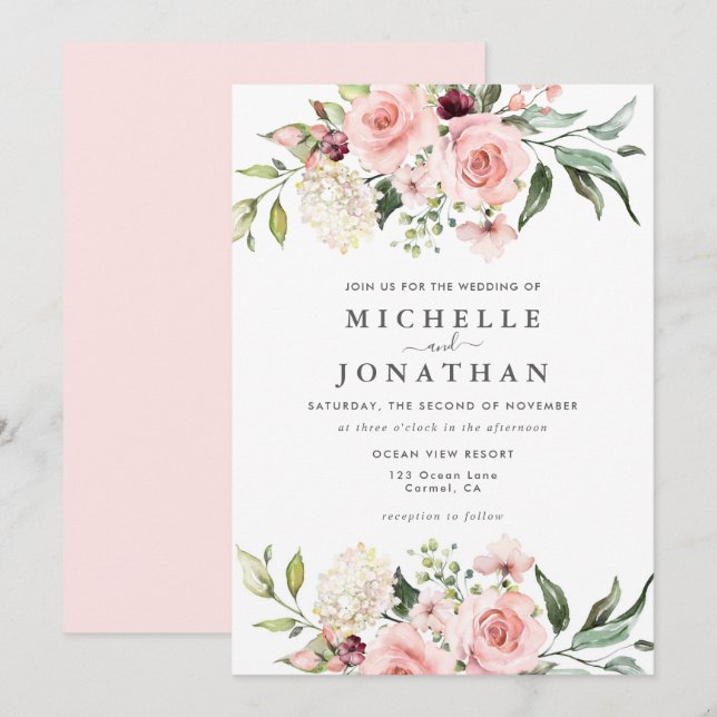 Romantic Rosa ros Bröllop Inbjudningar (Fram/baksida)