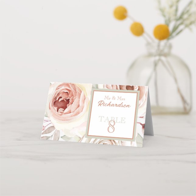 Romantic Rosa ros Bröllop Placeringskort (Framsida)