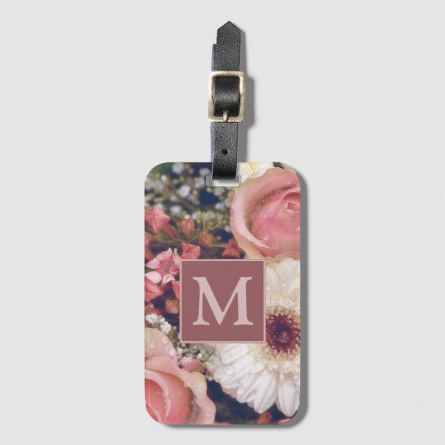 Romantic Rosa ros Flower Bouquet Monogram Bagagebricka (Framsida vertikal)