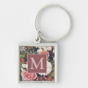Romantic Rosa ros Flower Bouquet Monogram Fyrkantig Silverfärgad Nyckelring
