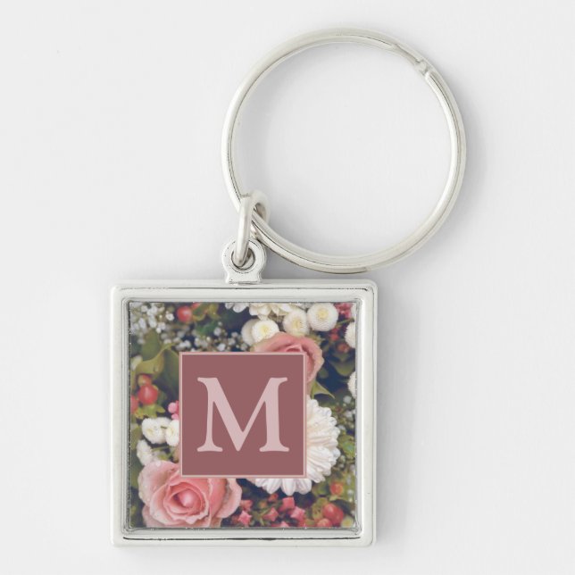 Romantic Rosa ros Flower Bouquet Monogram Fyrkantig Silverfärgad Nyckelring (Framsidan)