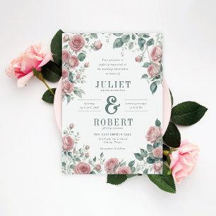 Romantic Rosa ros Sage Grönt Löv Bröllop Inbjudningar