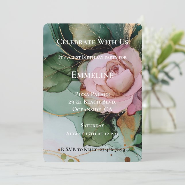 Romantic Rose Blush Pink Gold Floral Birthday Inbjudningar (Stående Fram)