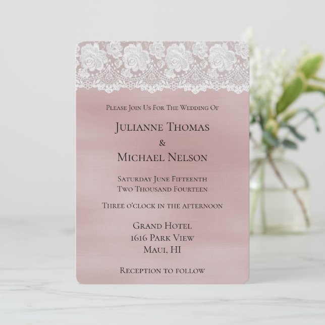 Romantic Rose Blush Pink White Lace Floral Wedding Inbjudningar (Stående Fram)
