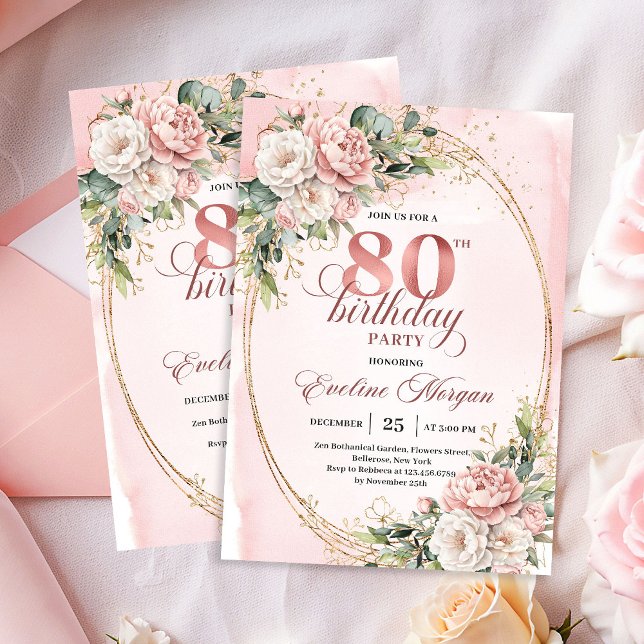 Romantic Rose Gold Floral Greenery 80th Birthday   Inbjudningar (Romantic Rose Gold Floral Greenery 80th Birthday Invite)