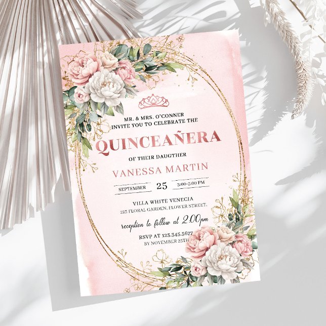 Romantic Rose Gold Floral Greenery Quinceañera   Inbjudningar (Romantic Rose Gold Floral Greenery Quinceañera Invitation

)