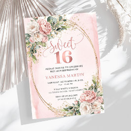 Romantic Rose Gold Floral Greenery Sweet Sixteen  Inbjudningar
