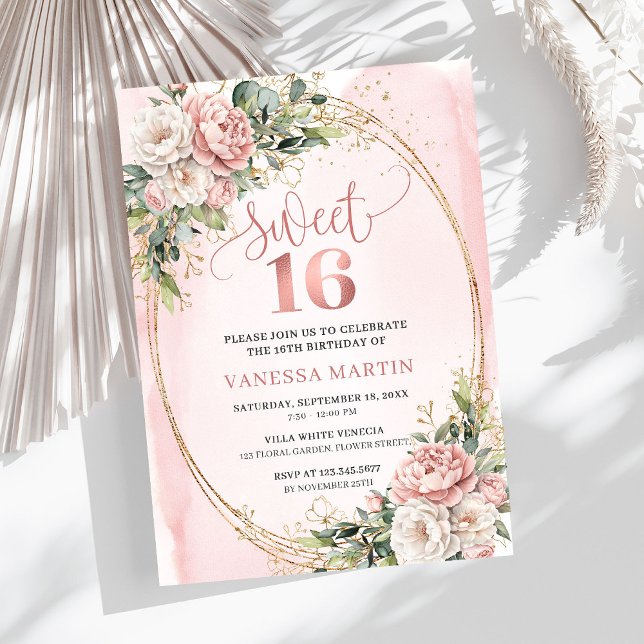 Romantic Rose Gold Floral Greenery Sweet Sixteen  Inbjudningar (Romantic Rose Gold Floral Greenery Sweet Sixteen Invitation

)