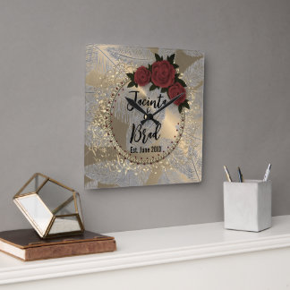 Romantic Rose Wreath Feather Wedding Fyrkantig Klocka