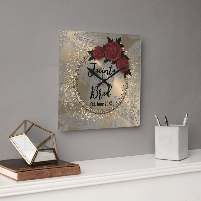 Romantic Rose Wreath Feather Wedding    Fyrkantig Klocka (Kontor)